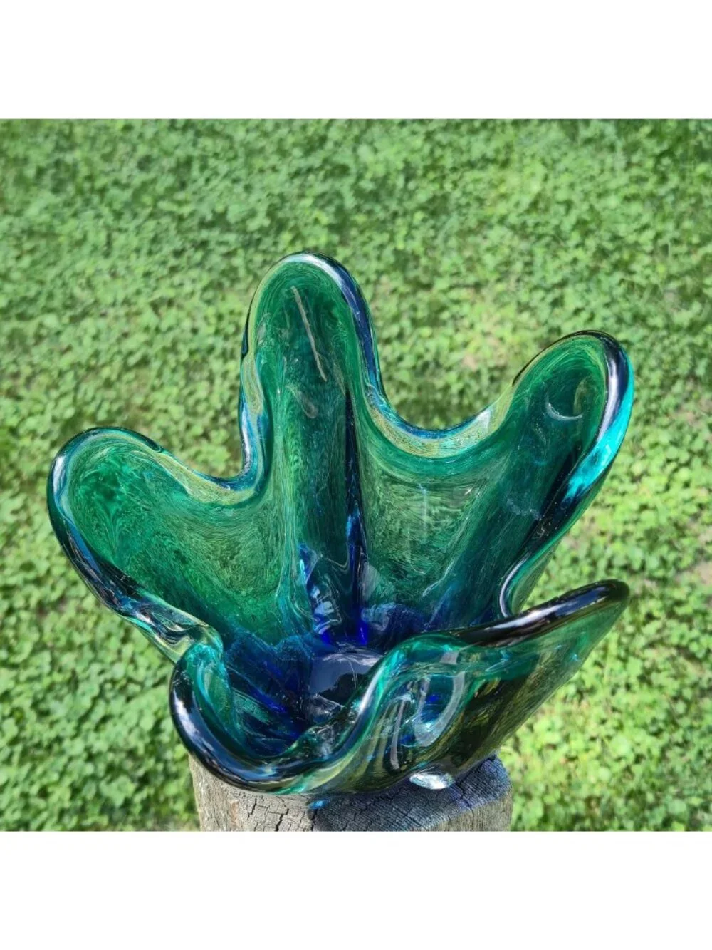 Turquoise Aquamarine Handkerchief Glass Vase MCM Mod Rippled VTG Sculptural Art